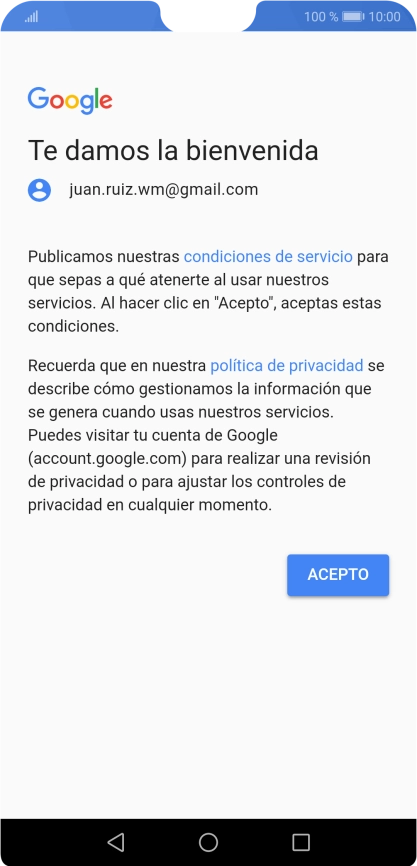 Pulsa ACEPTO y sigue las indicaciones de la pantalla para seleccionar los ajustes de tu cuenta de Google.