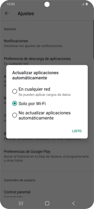 Para activar la actualización automática de apps utilizando la red móvil, pulsa En cualquier red.
