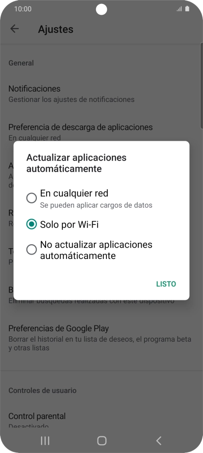 Para activar la actualización automática de apps utilizando la red móvil, pulsa En cualquier red.