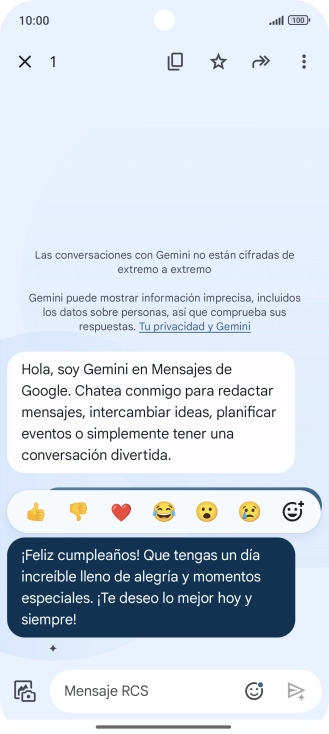 Pulsa la propuesta de texto de Gemini durante unos instantes. Sigue las indicaciones de la pantalla para utilizar el texto propuesto.
