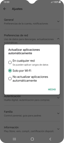 Para activar la actualización automática de apps utilizando la red móvil, pulsa En cualquier red.