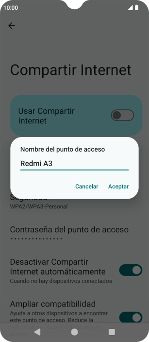 Introduce el nombre deseado de la conexión Wi-Fi y pulsa Aceptar.