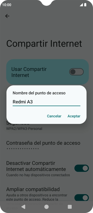 Introduce el nombre deseado de la conexión Wi-Fi y pulsa Aceptar.