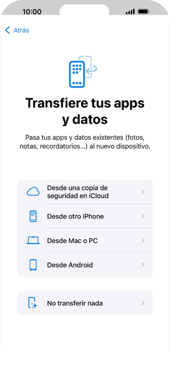 Puedes transferir el contenido de otro teléfono Android cuando el teléfono se activa antes de utilizarlo por primera vez y cuando lo restableces. Cuando aparece esta imagen de pantalla, el teléfono está listo para la transferencia de contenido desde otro teléfono Android.