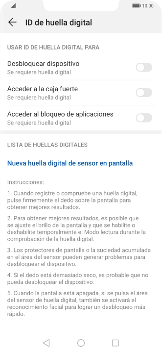 Pulsa Nueva huella digital de sensor en pantalla.