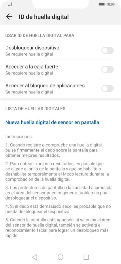 Pulsa Nueva huella digital de sensor en pantalla.