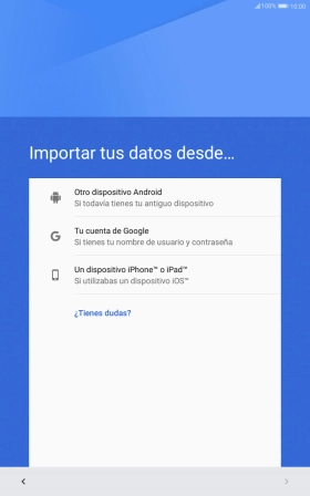 Pulsa la opción deseada y sigue las indicaciones de la pantalla para transferir contenido desde el otro dispositivo y finalizar la activación de tu tablet.