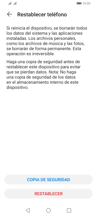 Pulsa RESTABLECER. Espera unos instantes mientras el teléfono restablece la configuración predeterminada. Sigue las indicaciones de la pantalla para configurar el teléfono y dejarlo listo para su uso.