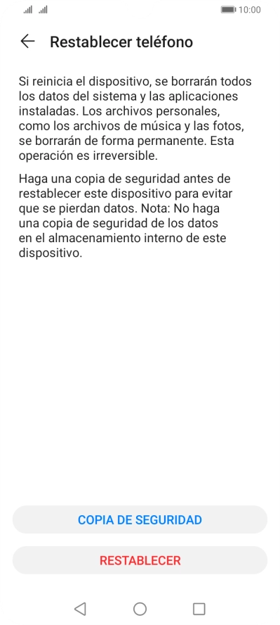 Pulsa RESTABLECER. Espera unos instantes mientras el teléfono restablece la configuración predeterminada. Sigue las indicaciones de la pantalla para configurar el teléfono y dejarlo listo para su uso.