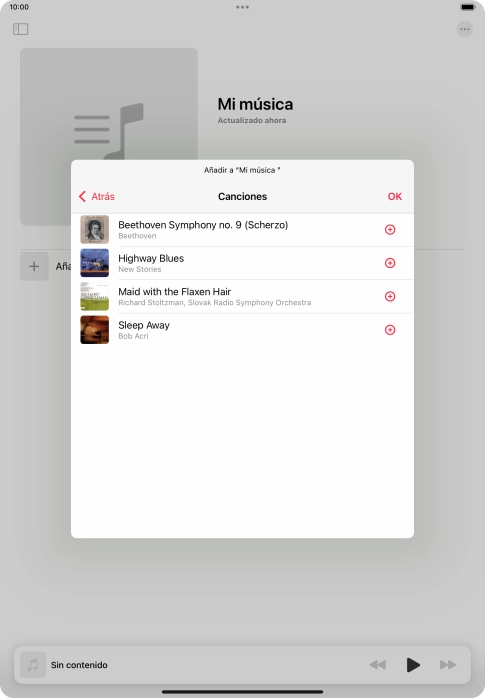 Desplázate a la categoría deseada y pulsa el icono de añadir junto al archivo de música correspondiente.
