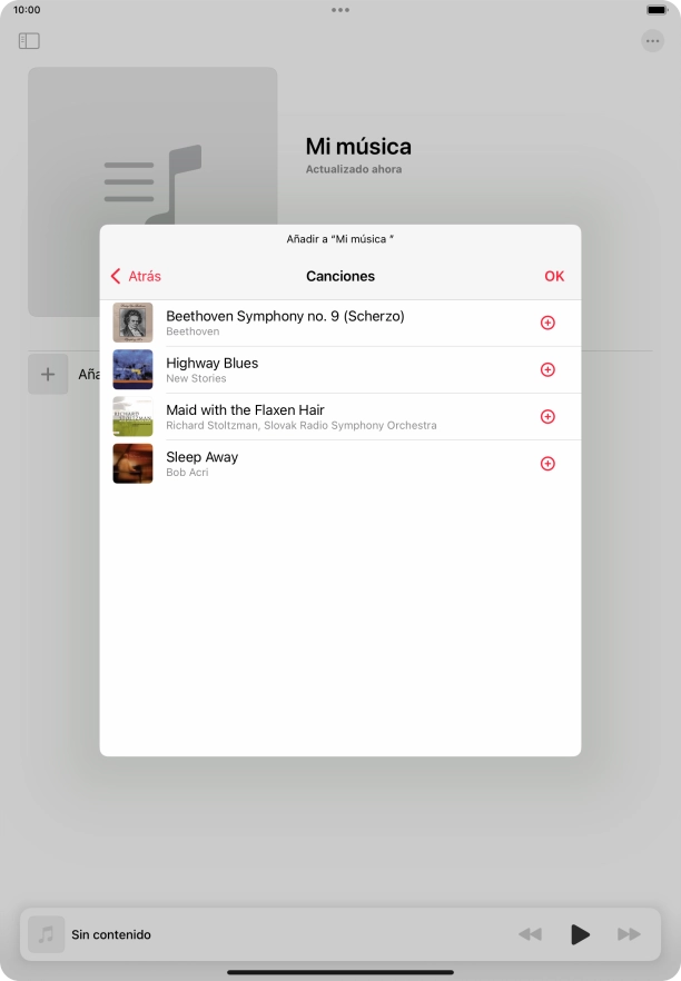 Desplázate a la categoría deseada y pulsa el icono de añadir junto al archivo de música correspondiente.