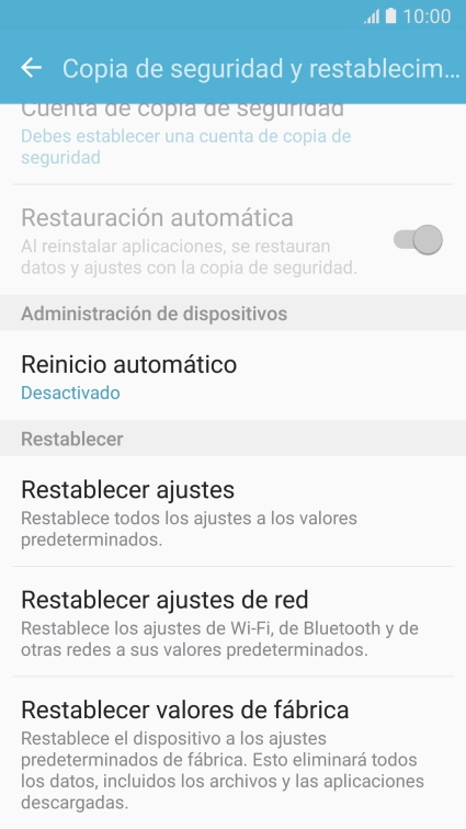 Pulsa Restablecer valores de fábrica.