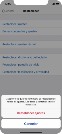 Pulsa Restablecer ajustes. Espera unos instantes mientras el teléfono restablece la configuración predeterminada. Sigue las indicaciones de la pantalla para configurar el teléfono y dejarlo listo para su uso.