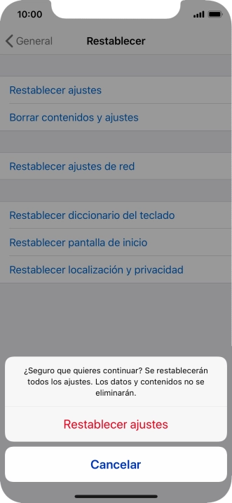 Pulsa Restablecer ajustes. Espera unos instantes mientras el teléfono restablece la configuración predeterminada. Sigue las indicaciones de la pantalla para configurar el teléfono y dejarlo listo para su uso.