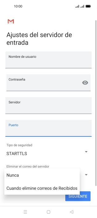 Pulsa Nunca para conservar los correos electrónicos en el servidor cuando los borras del teléfono.