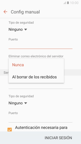 Pulsa Nunca para conservar los correos electrónicos en el servidor cuando los borras del teléfono.