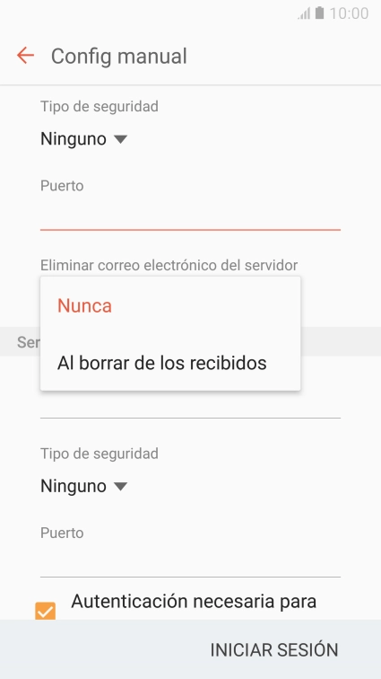 Pulsa Nunca para conservar los correos electrónicos en el servidor cuando los borras del teléfono.