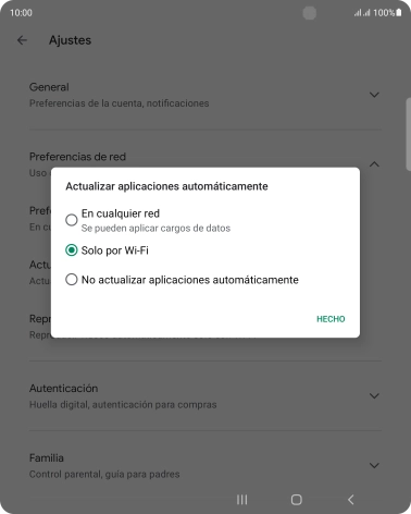 Para activar la actualización automática de apps utilizando la red móvil, pulsa En cualquier red.