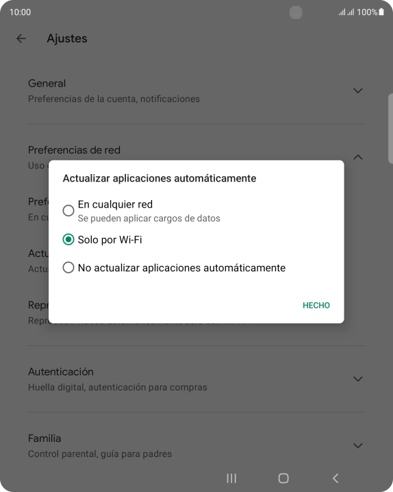 Para activar la actualización automática de apps utilizando la red móvil, pulsa En cualquier red.