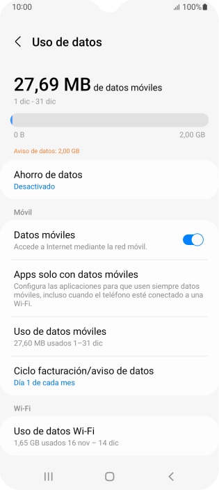 El consumo total de datos se visualiza ahora en la pantalla.
