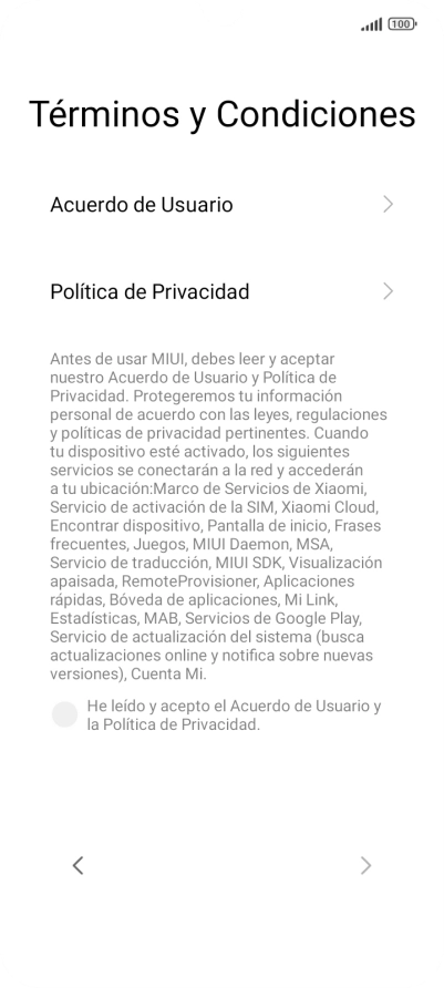 Pulsa en el campo  para aceptar los términos y condiciones.