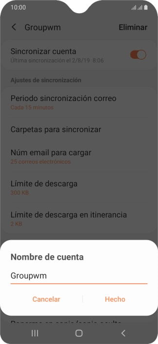 Introduce el nombre deseado de la cuenta de correo electrónico y pulsa Hecho.