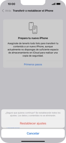 Pulsa Restablecer ajustes. Espera unos instantes mientras el teléfono restablece la configuración predeterminada. Sigue las indicaciones de la pantalla para configurar el teléfono y dejarlo listo para su uso.