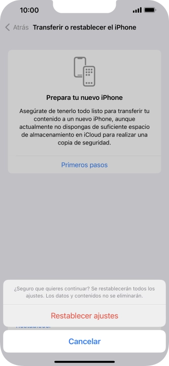 Pulsa Restablecer ajustes. Espera unos instantes mientras el teléfono restablece la configuración predeterminada. Sigue las indicaciones de la pantalla para configurar el teléfono y dejarlo listo para su uso.