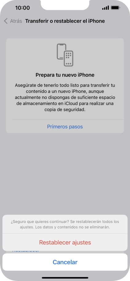 Pulsa Restablecer ajustes. Espera unos instantes mientras el teléfono restablece la configuración predeterminada. Sigue las indicaciones de la pantalla para configurar el teléfono y dejarlo listo para su uso.