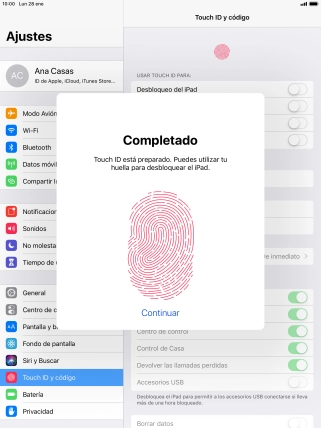 Pulsa Continuar. Si no has añadido anteriormente un código de seguridad, tendrás que introducir un código de libre elección dos veces consecutivas.