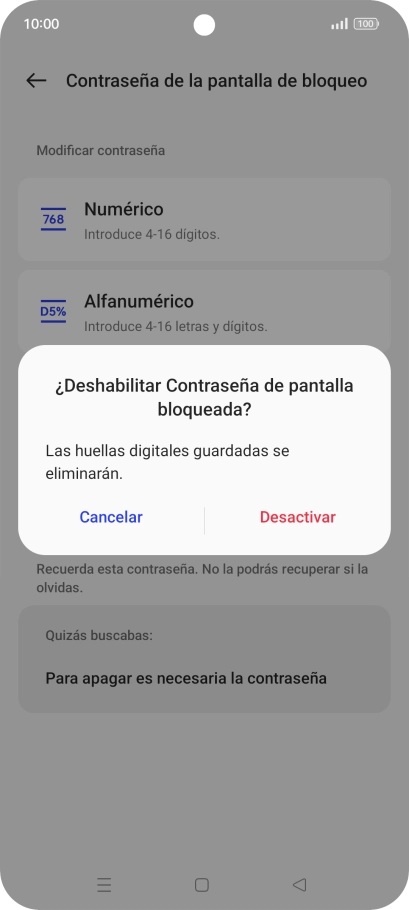 Pulsa Desactivar e introduce el código de seguridad extra que has creado anteriormente.