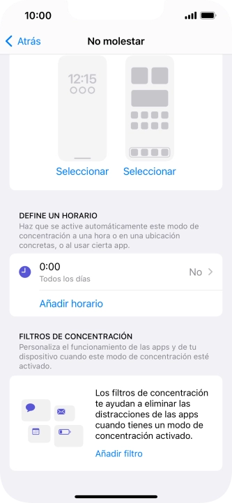 Pulsa Añadir horario y sigue las indicaciones de la pantalla para seleccionar los ajustes de la activación automática de No molestar.