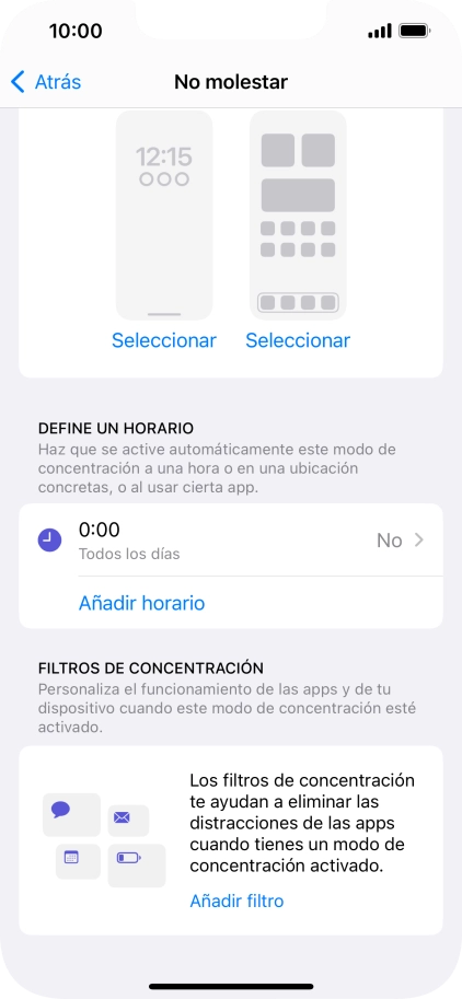 Pulsa Añadir horario y sigue las indicaciones de la pantalla para seleccionar los ajustes de la activación automática de No molestar.