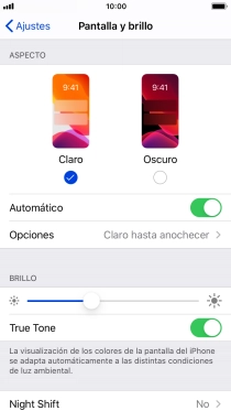 Si activas la función, pulsa Opciones y sigue las indicaciones de la pantalla para seleccionar el período de tiempo que debe durar el Modo Oscuro.