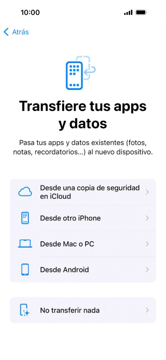Puedes transferir el contenido de otro teléfono Android cuando el teléfono se activa antes de utilizarlo por primera vez y cuando lo restableces. Cuando aparece esta imagen de pantalla, el teléfono está listo para la transferencia de contenido desde otro teléfono Android.