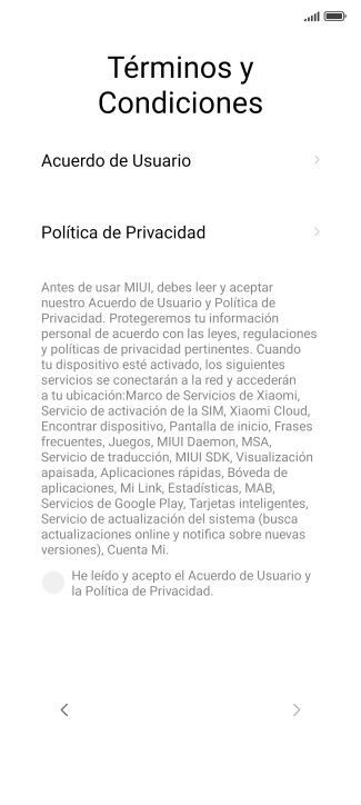 Pulsa en el campo  para aceptar los términos y condiciones.
