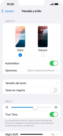 Si activas la función, pulsa Opciones y sigue las indicaciones de la pantalla para seleccionar el período de tiempo que debe durar el Modo Oscuro.