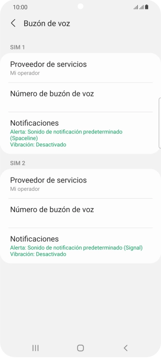 Pulsa Número de buzón de voz bajo la tarjeta SIM deseada.