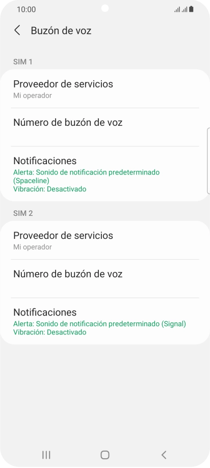 Pulsa Número de buzón de voz bajo la tarjeta SIM deseada.