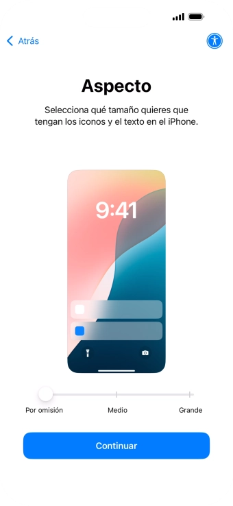 Selecciona el tamaño de letra y de los iconos que debe tener el teléfono y pulsa Continuar.