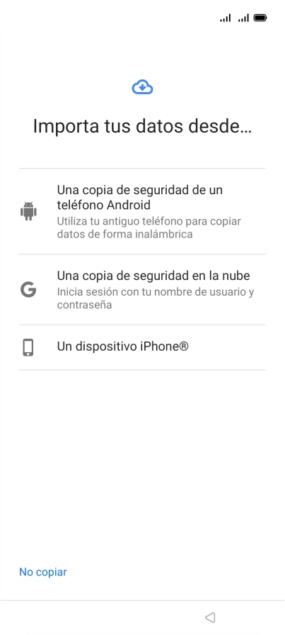 Pulsa el ajuste deseado y sigue las instrucciones de la pantalla para transferir el contenido del otro teléfono.