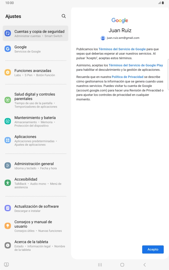 Pulsa Acepto y sigue las indicaciones de la pantalla para seleccionar los ajustes de tu cuenta de Google.