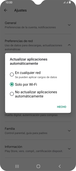 Para activar la actualización automática de apps utilizando la red móvil, pulsa En cualquier red.
