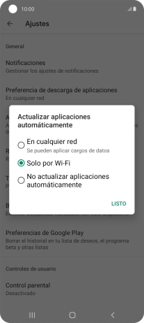 Para activar la actualización automática de apps utilizando la red móvil, pulsa En cualquier red.