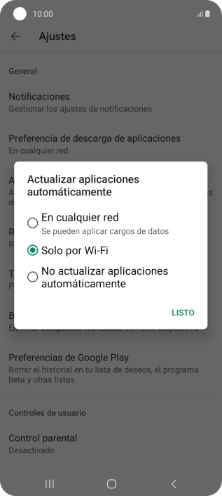 Para activar la actualización automática de apps utilizando la red móvil, pulsa En cualquier red.