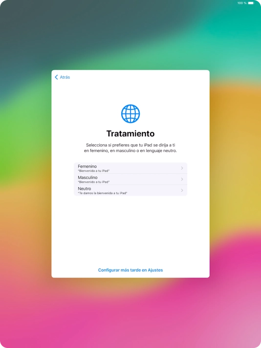 Sigue las indicaciones de la pantalla para elegir la forma de tratamiento deseada en la tablet, es decir, el masculino, el femenino o una forma de tratamiento neutra o pulsa Configurar más tarde en Ajustes.