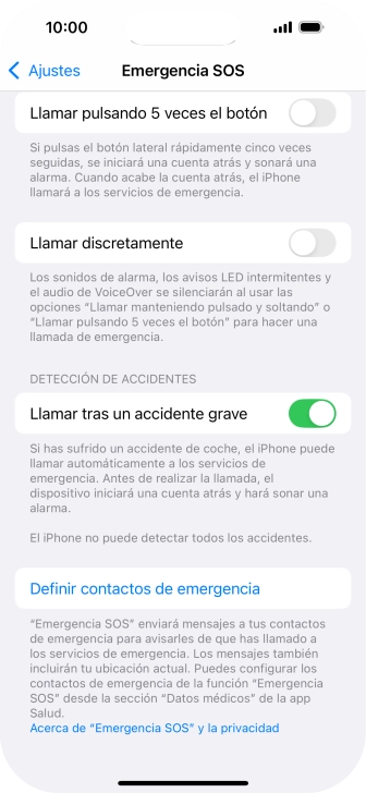 Pulsa Definir contactos de emergencia y sigue las indicaciones de la pantalla para insertar la información y tus contactos de emergencia.