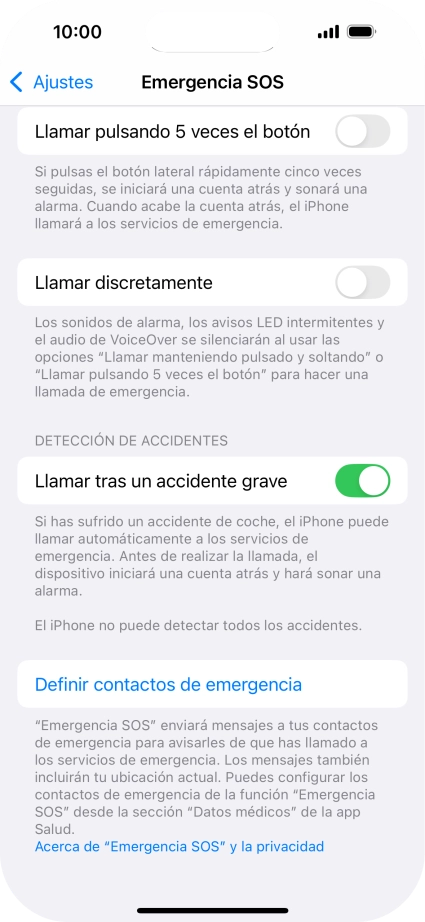 Pulsa Definir contactos de emergencia y sigue las indicaciones de la pantalla para insertar la información y tus contactos de emergencia.