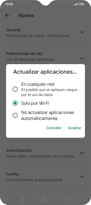 Para activar la actualización automática de apps utilizando la red móvil, pulsa En cualquier red.