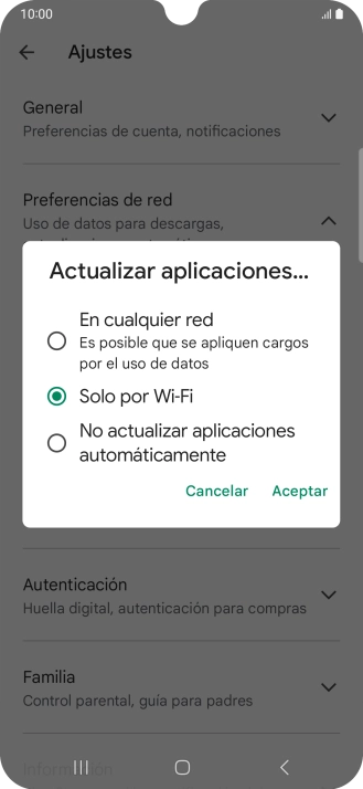 Para activar la actualización automática de apps utilizando la red móvil, pulsa En cualquier red.